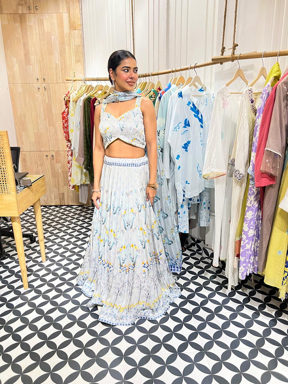 Handprinted Light Blue lehnga