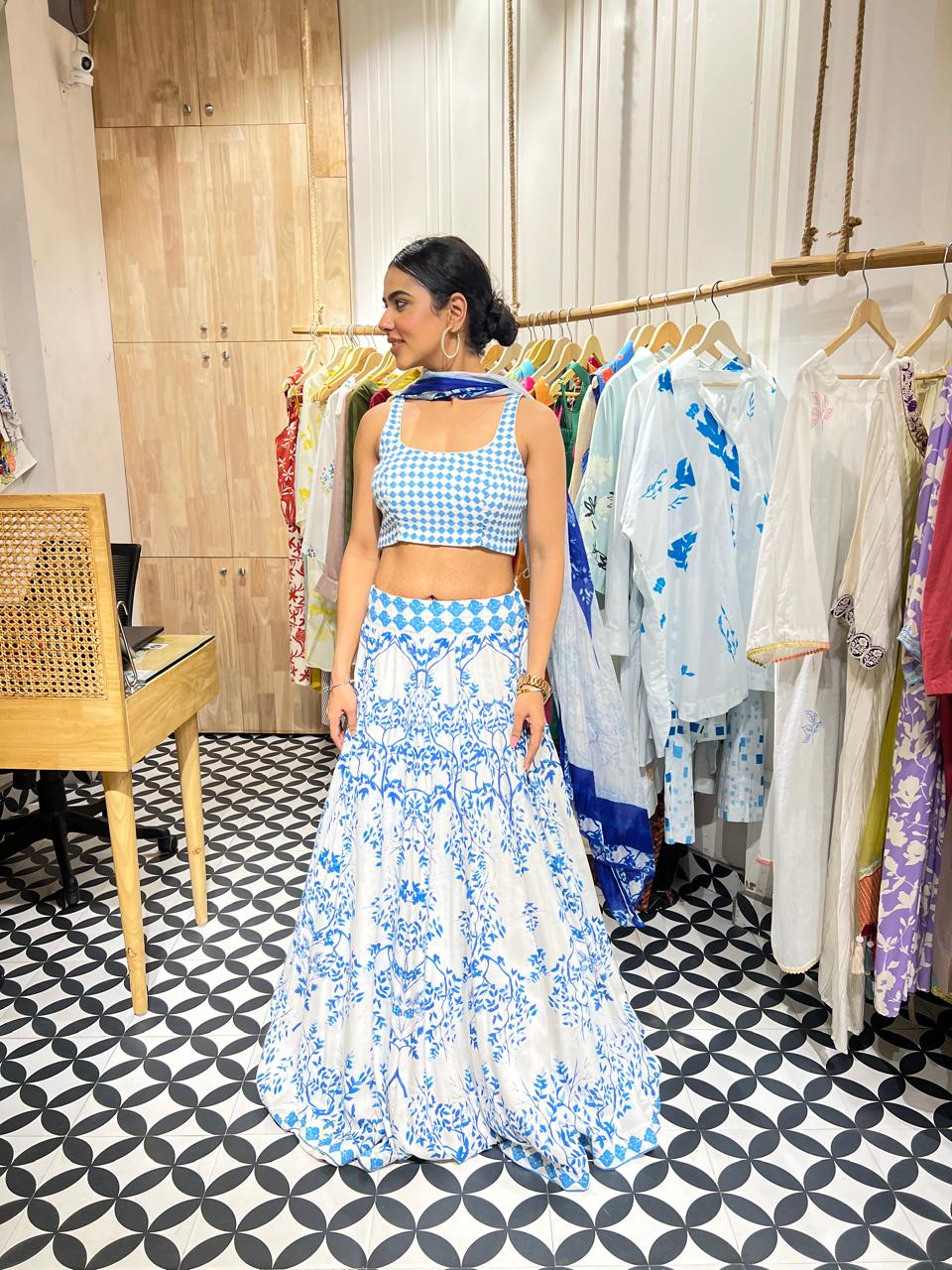 Handprinted Royal Blue lehnga